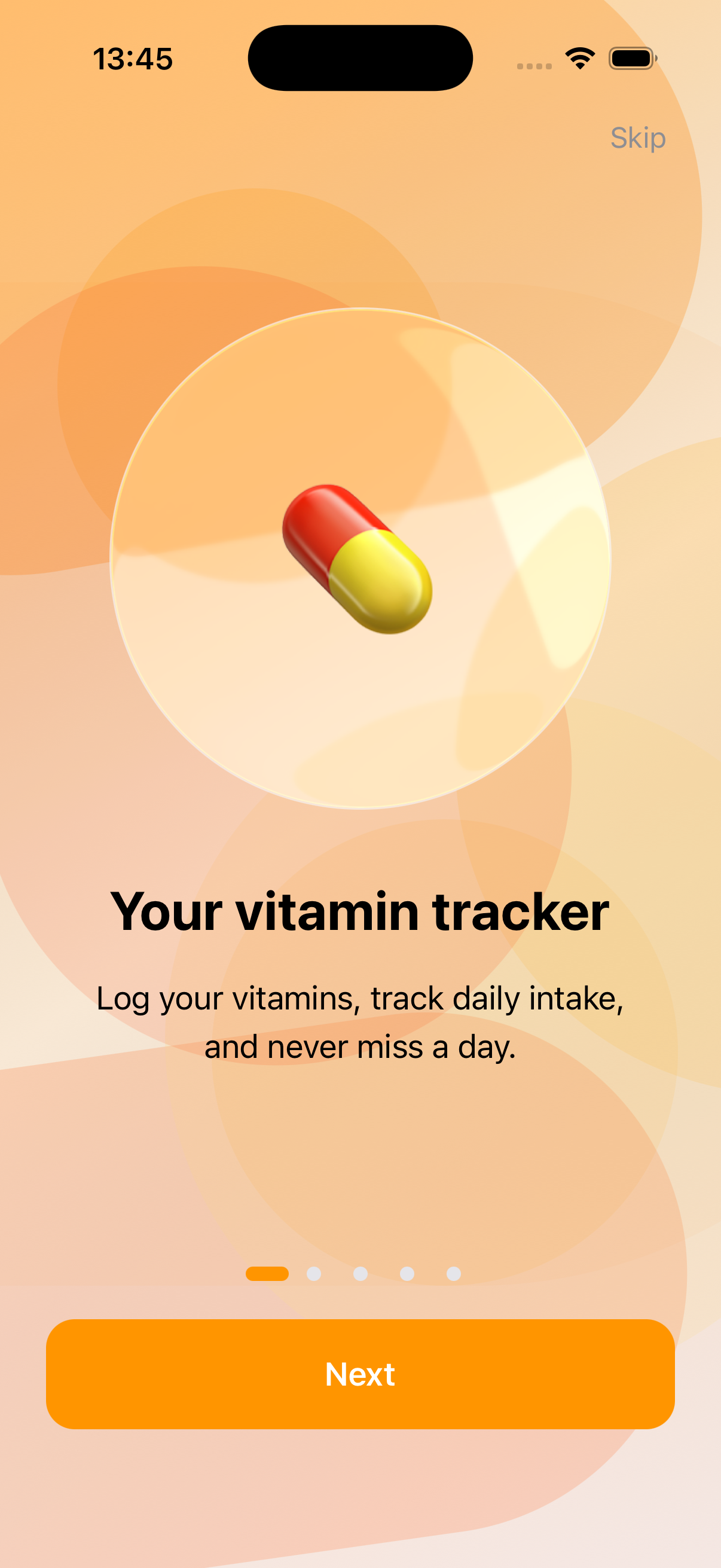 VitaminHelper onboarding screen for the vitamin tracker