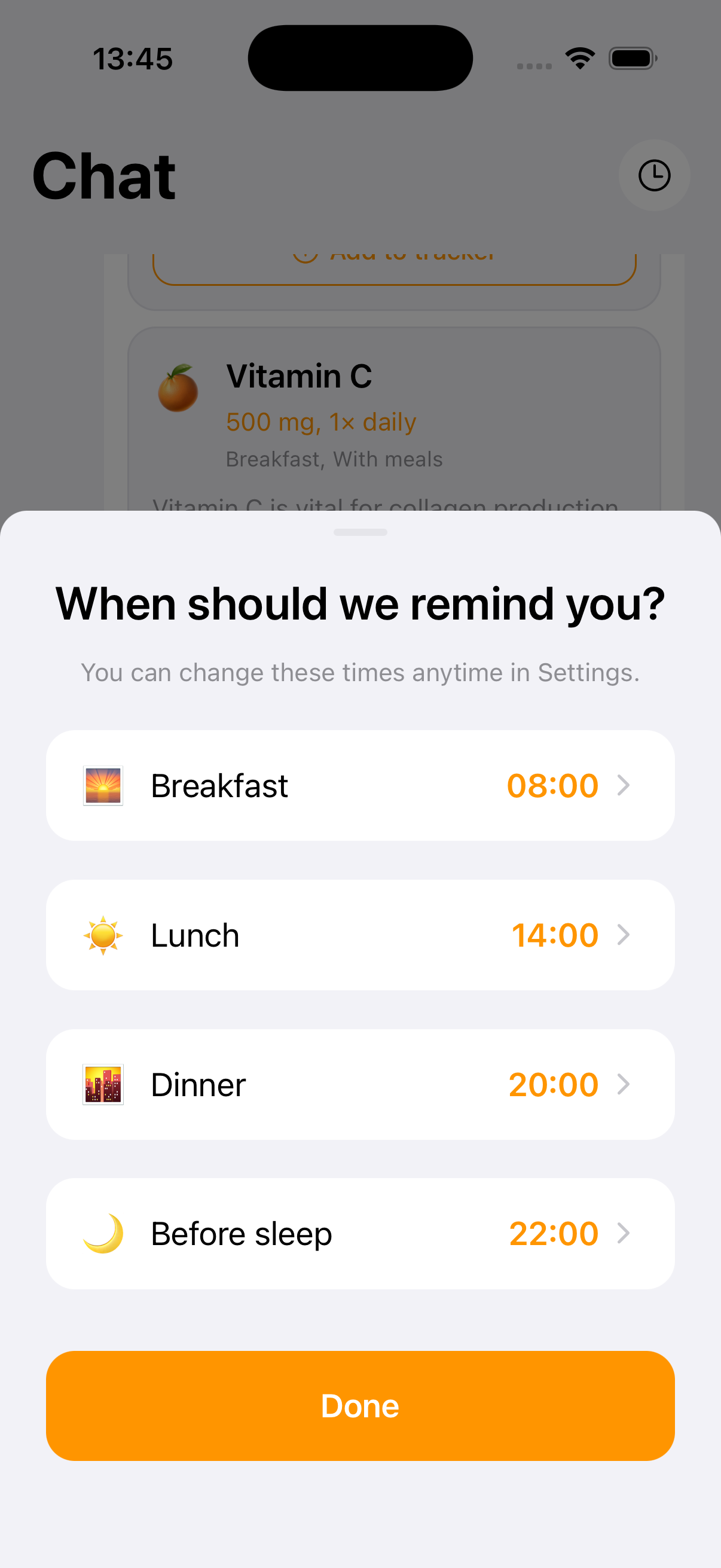 VitaminHelper meal-time pill reminder settings