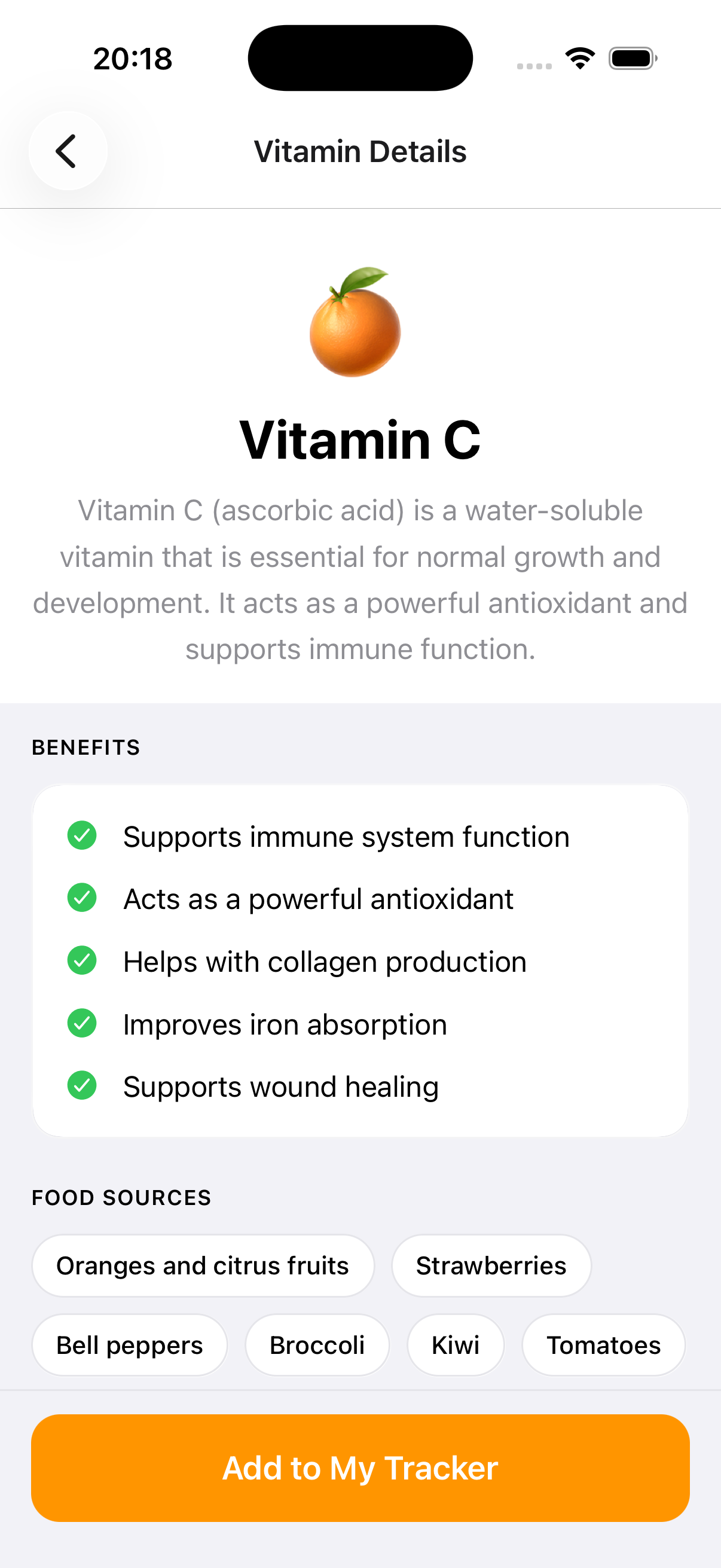 Vitamin C detail screen with benefits and food sources